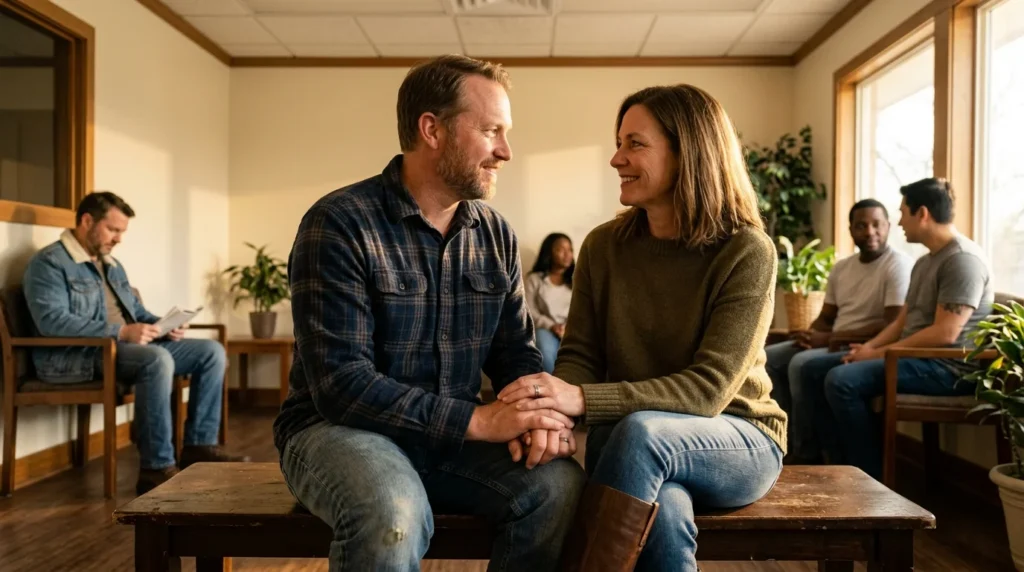 Close-Up of a Man and Wife Holding Hands in a Quiet Waiting Room | La Hacienda Treatment Center