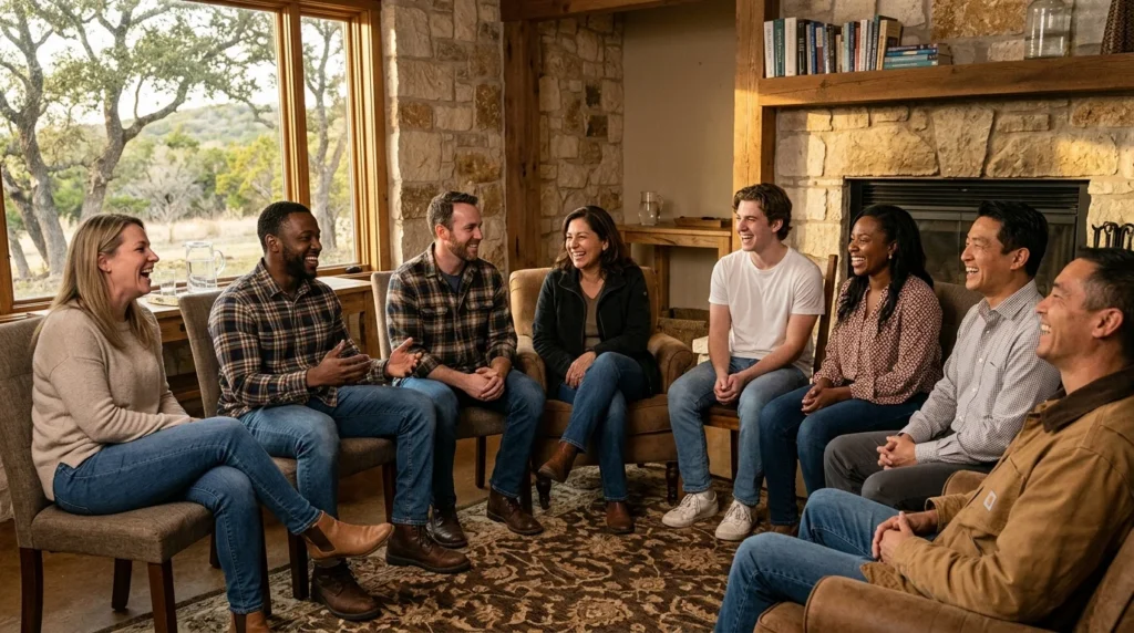 Group of people laughing and feeling happy in a therapy group setting | La Hacienda Treatment Center