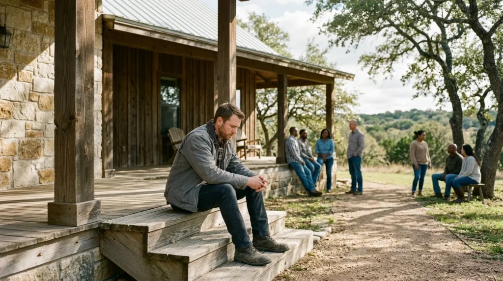 Man Sitting Alone on a Porch Steps Looking Down With Hands Clasped, Reflecting on Weed Addiction Treatment Options | La Hacienda Treatment Center
