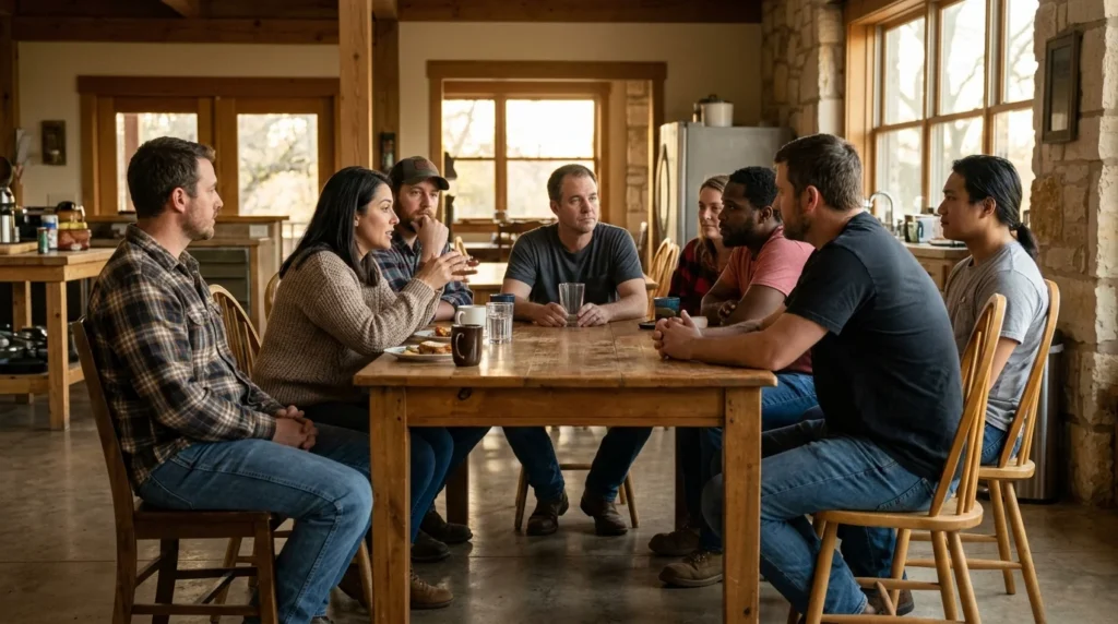 Patients Around a Table Discussing Staying Sober and Recovering from Alcoholism | La Hacienda Treatment Center
