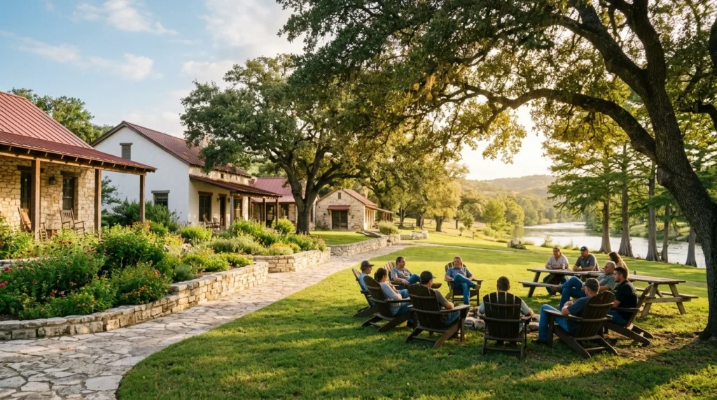 Wide Shot of a Quiet Residential Campus Surrounded by Texas Hill Country Trees in Late Afternoon Light | La Hacienda Treatment Center