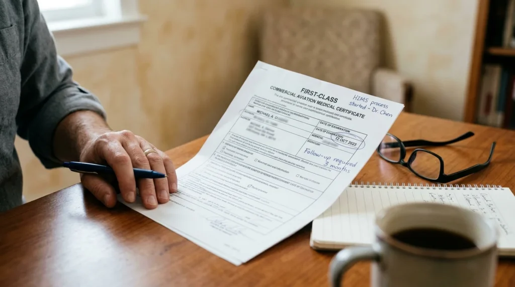 Close-Up of a Commercial Aviation Medical Certificate on a Desk During HIMS Recovery Planning | La Hacienda Treatment Center