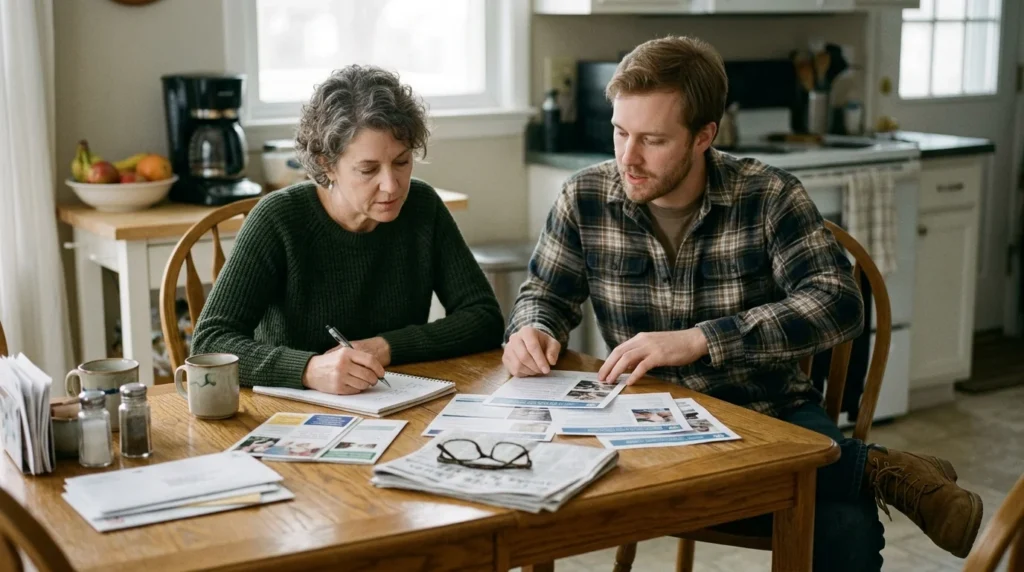 Family Member Reviewing Addiction Treatment Program Options at a Kitchen Table With a Notepad | La Hacienda Treatment Center