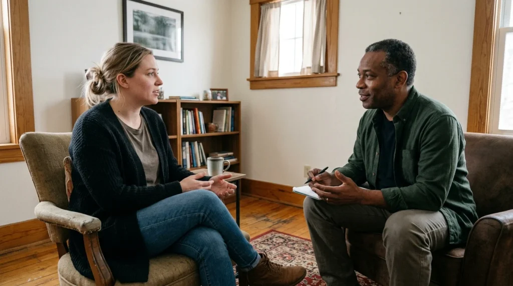Two People in Conversation During an Addiction Counseling Session Focused on CBT Techniques | La Hacienda Treatment Center