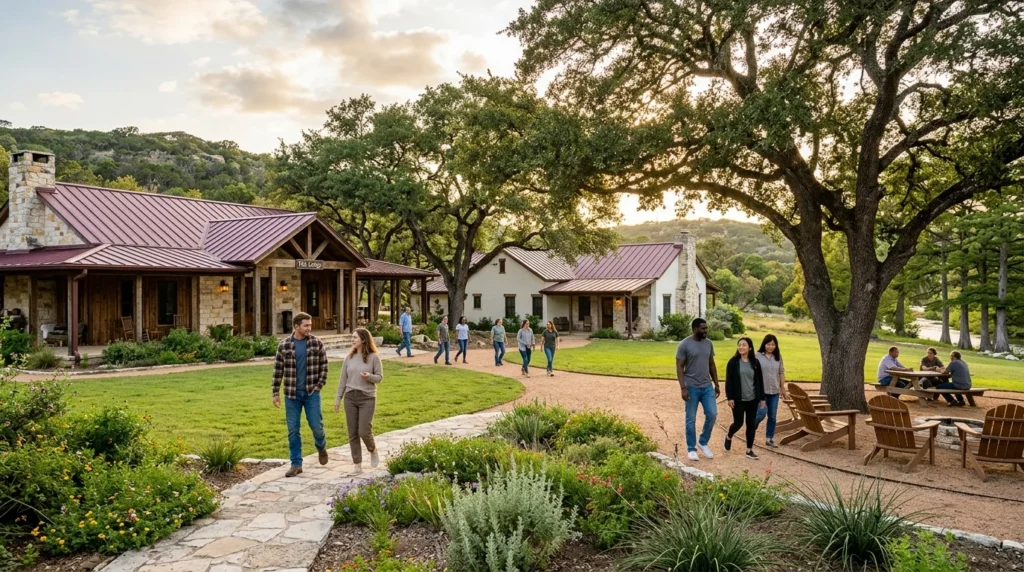 Wide Shot of a Texas Hill Country Treatment Campus Courtyard With Patients Walking Between Buildings | La Hacienda