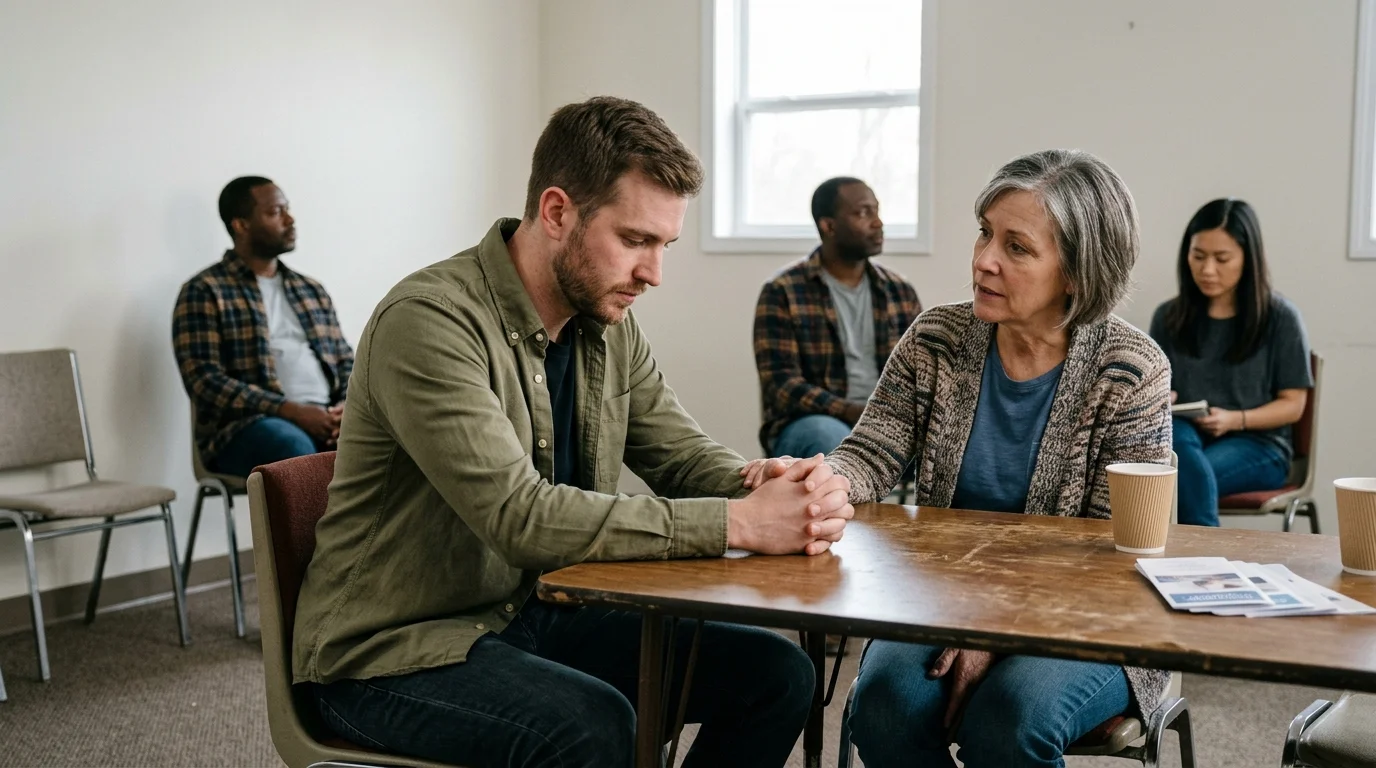 Adult Son Sitting Across From a Parent During a Difficult Rehab Intervention Conversation | La Hacienda Treatment Center