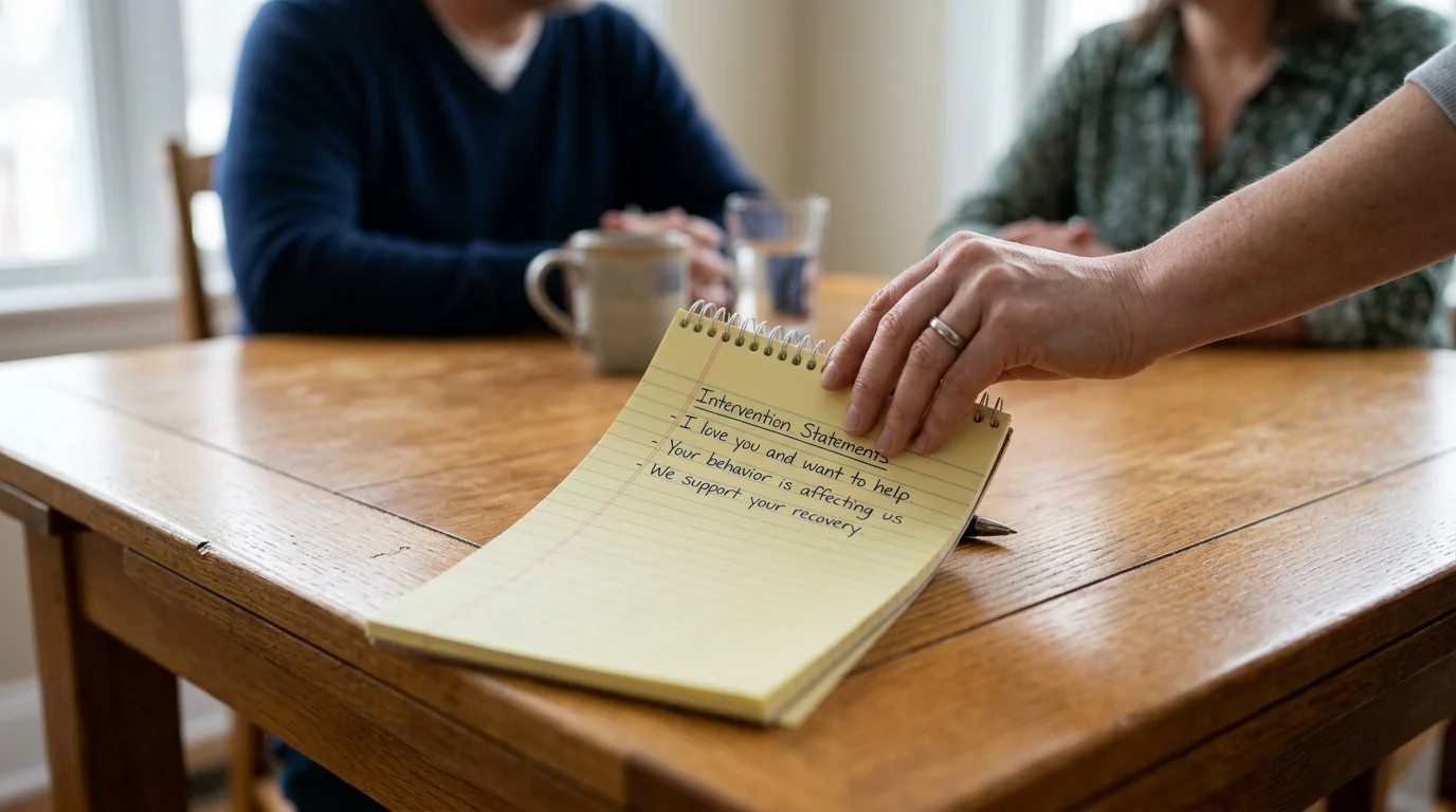 Close-Up of a Hand Placing a Notepad With Written Intervention Statements on a Table | La Hacienda Treatment Center