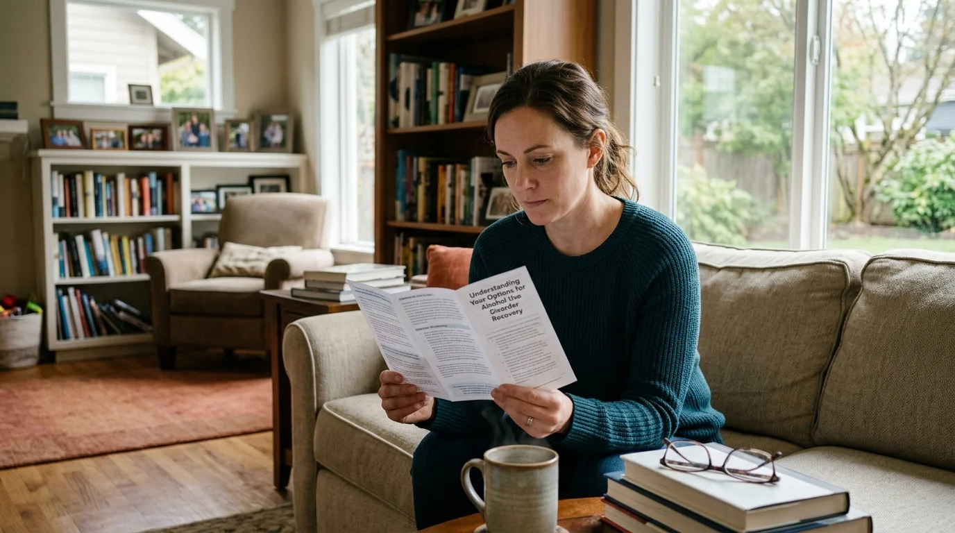 Spouse Reading Information About Alcohol Use Disorder Treatment Options at Home | La Hacienda Treatment Center